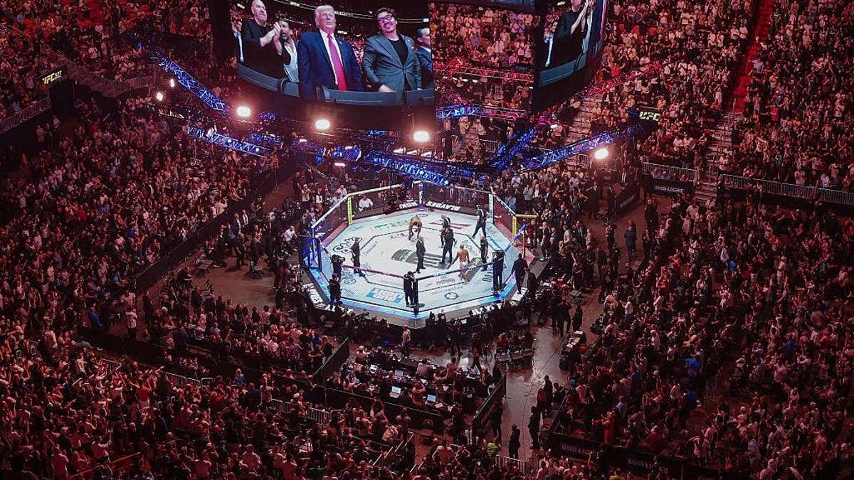 Dana White, Donald Trump, and Hunter Campbell appear on screens at UFC 327 event in Miami