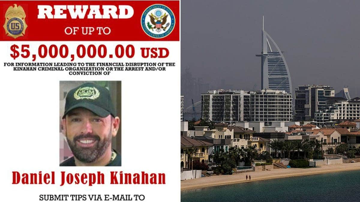 Split of Daniel Kinahan wanted poster and Dubai