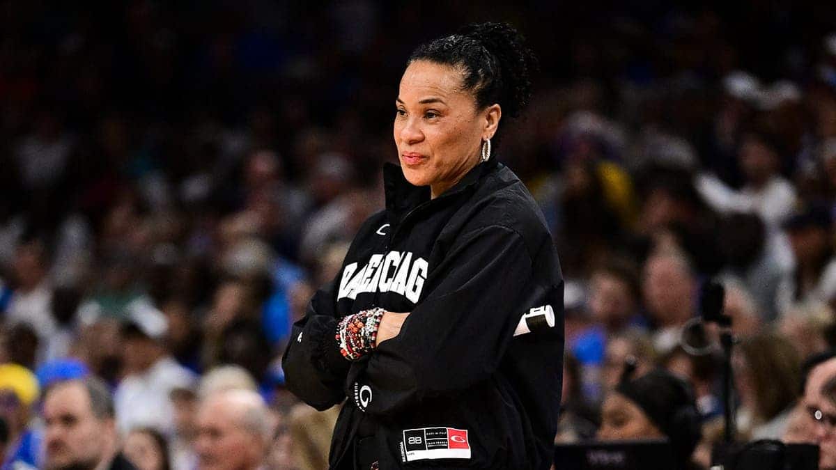 Head coach Dawn Staley watching during NCAA women's basketball game in Phoenix
