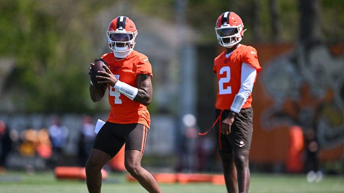 Deshaun Watson of the Cleveland Browns looks to pass during minicamp in Berea Ohio