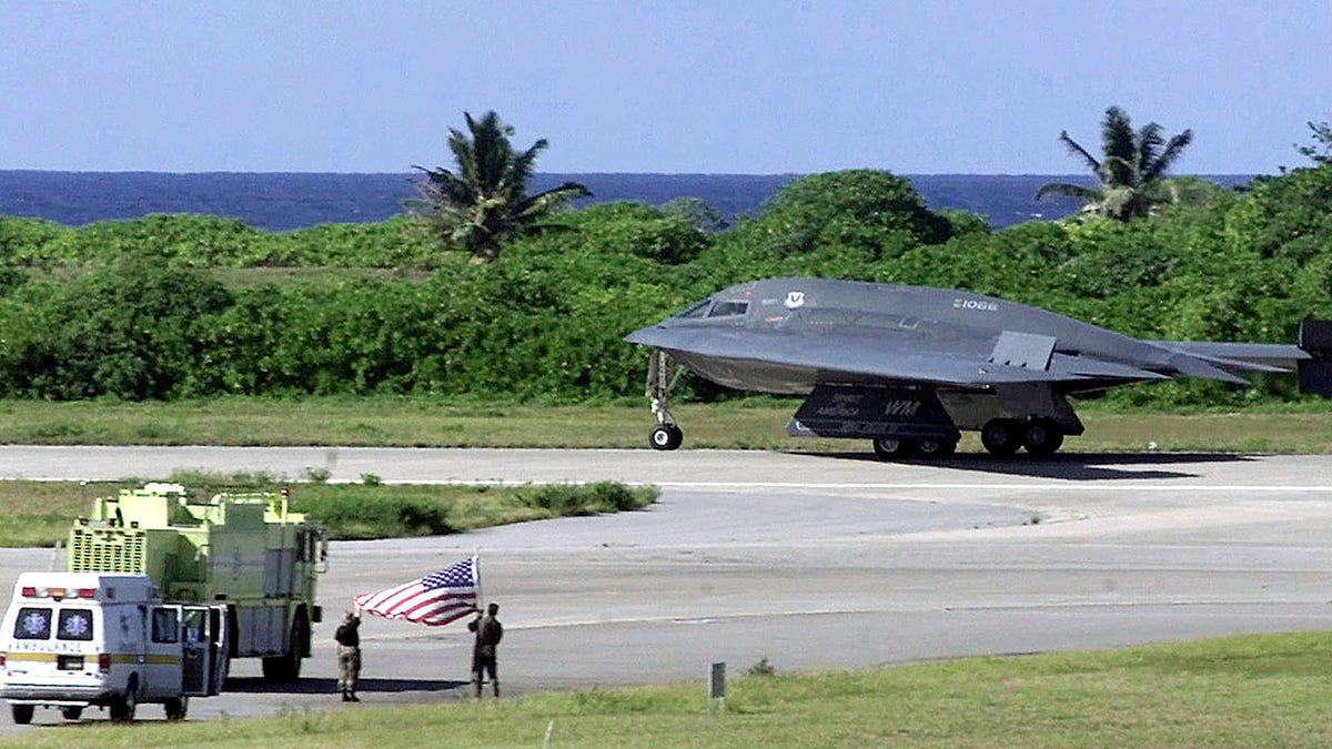 U.S. B-2 Spirit bomber refueling at Diego Garcia military base