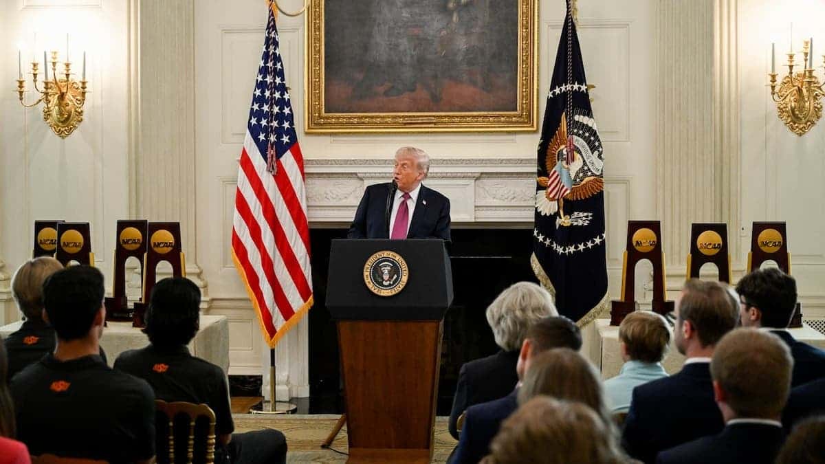 US President Donald Trump speaking in the State Dining Room of the White House