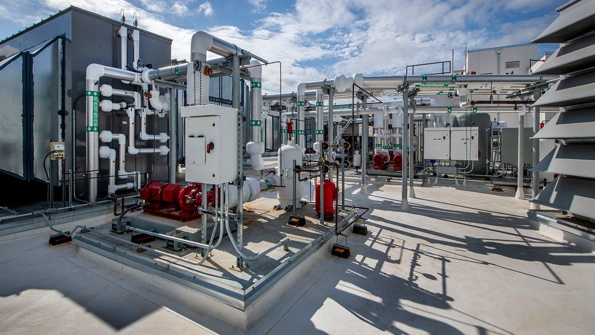 HVAC systems shown atop an office building.