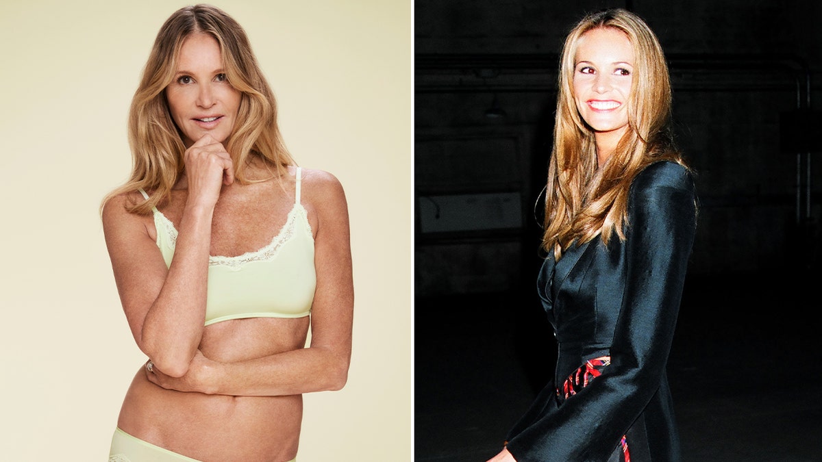A split of Elle Macpherson in a yellow underwear set and one of her in a black coat.