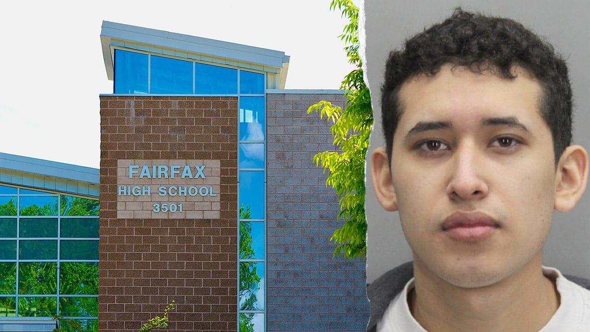Fairfax High school exterior sign split with mughshot of Israel Flores Ortiz