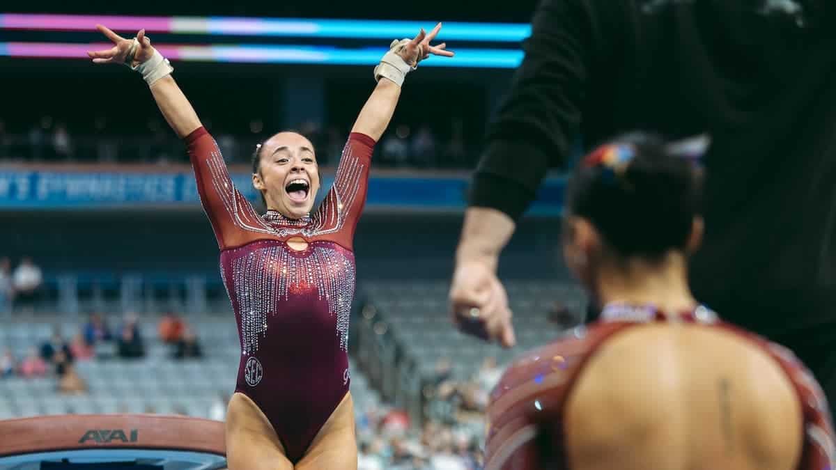 Faith Torrez performing vault at NCAA Women's Gymnastics Championship in Fort Worth Texas