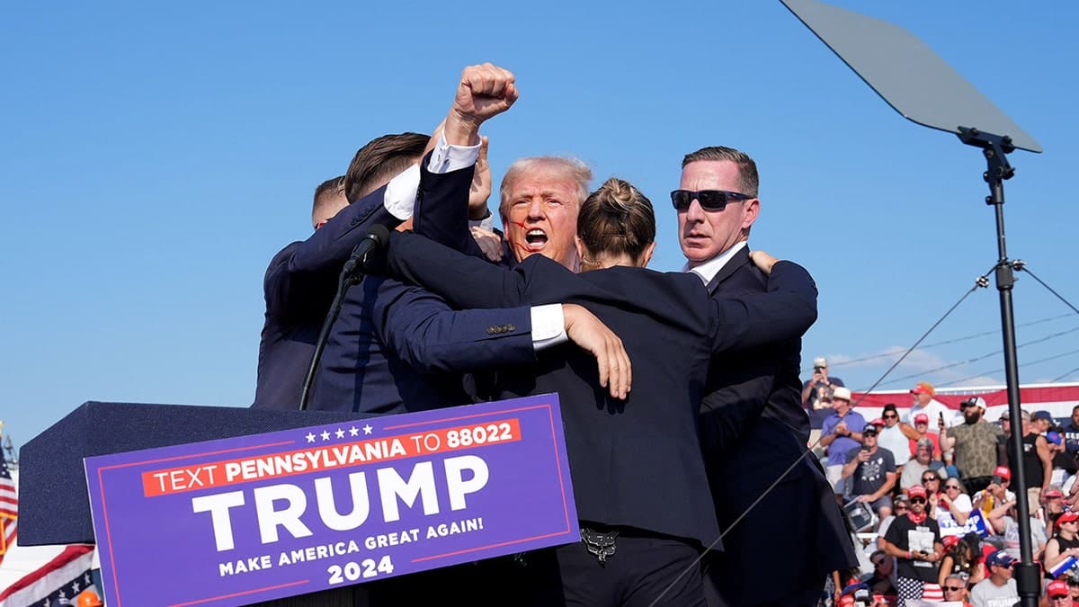 Former President Donald Trump raising his arm with blood on his face at a rally in Butler, Pennsylvania