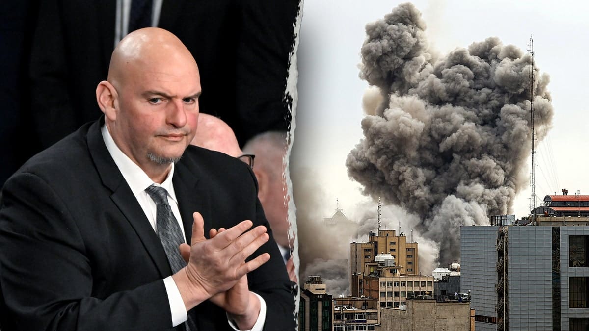 Sen. John Fetterman speaking at an event and a strike scene in Tehran Iran