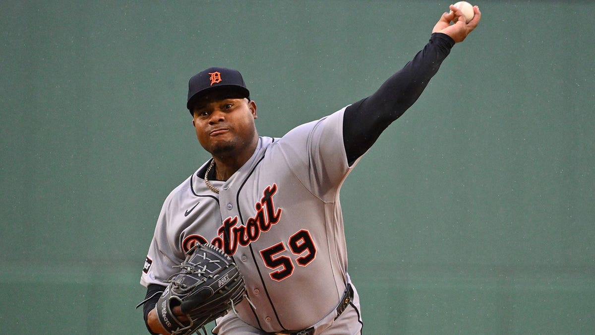 Framber Valdez pitching for Detroit Tigers at Fenway Park.