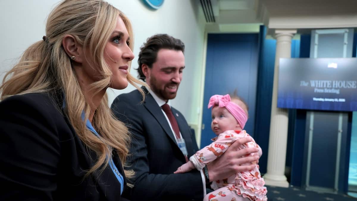 Political activist Riley Gaines with husband Louis Barker and newborn daughter Margot at White House briefing room