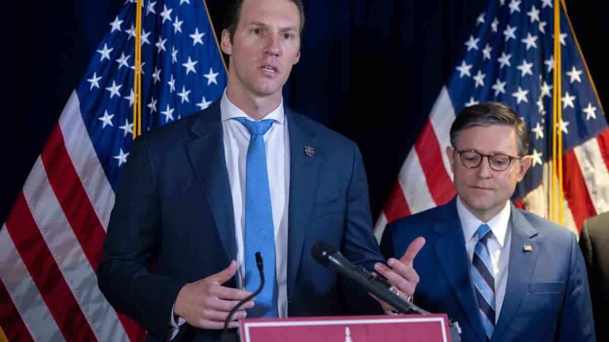 Congressman Pat Harrigan speaking at a press conference with House Republican leadership in Washington, D.C.