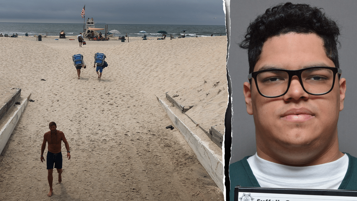 A split image shows a mugshot of Ruben Ramirez, wearing green and white and glasses, and people at Gilgo Beach