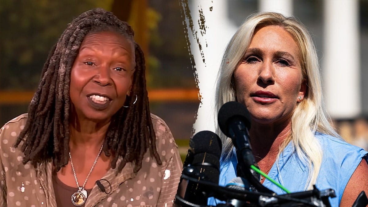 Whoopi Goldberg speaking on The View and Rep. Marjorie Taylor Greene at a news conference outside the US Capitol