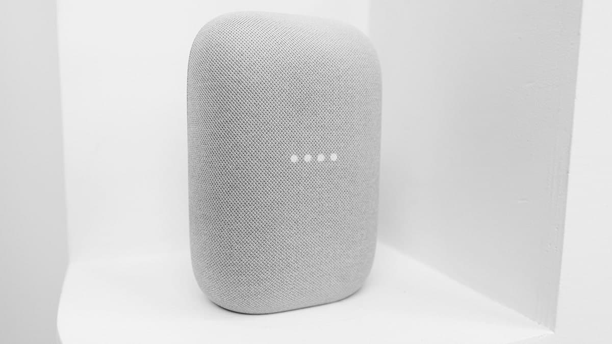 Google Nest Audio speaker displayed at Mobile World Congress in Barcelona