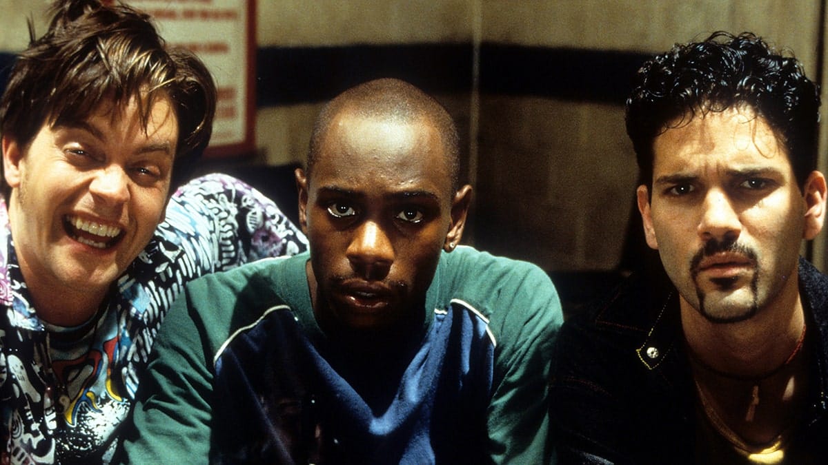 Jim Breuer, Dave Chappelle, and Guillermo Díaz standing together in a scene from Half Baked