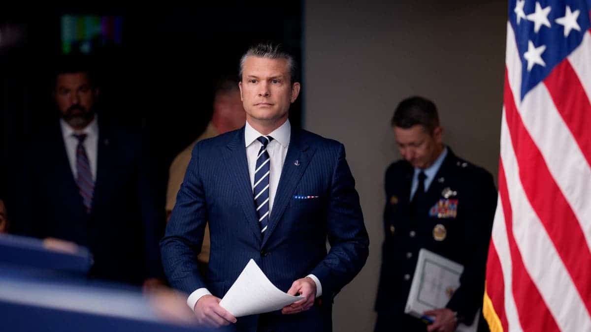 Defense Secretary Pete Hegseth arrives at a Pentagon briefing