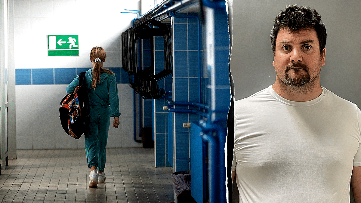 A stock image of a female student in a school locker room and a mug shot of Maryland high school employee arrested on right.