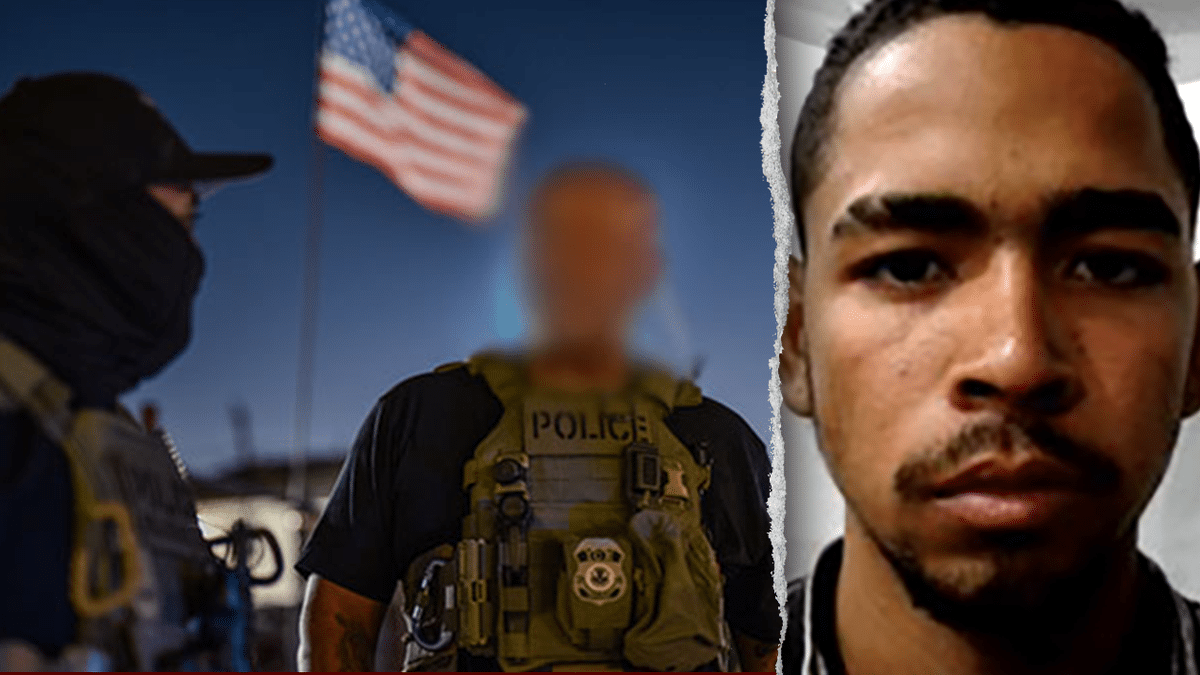 A split image showing ICE agents in Houston and Josue Abraham Chirino-Leonice