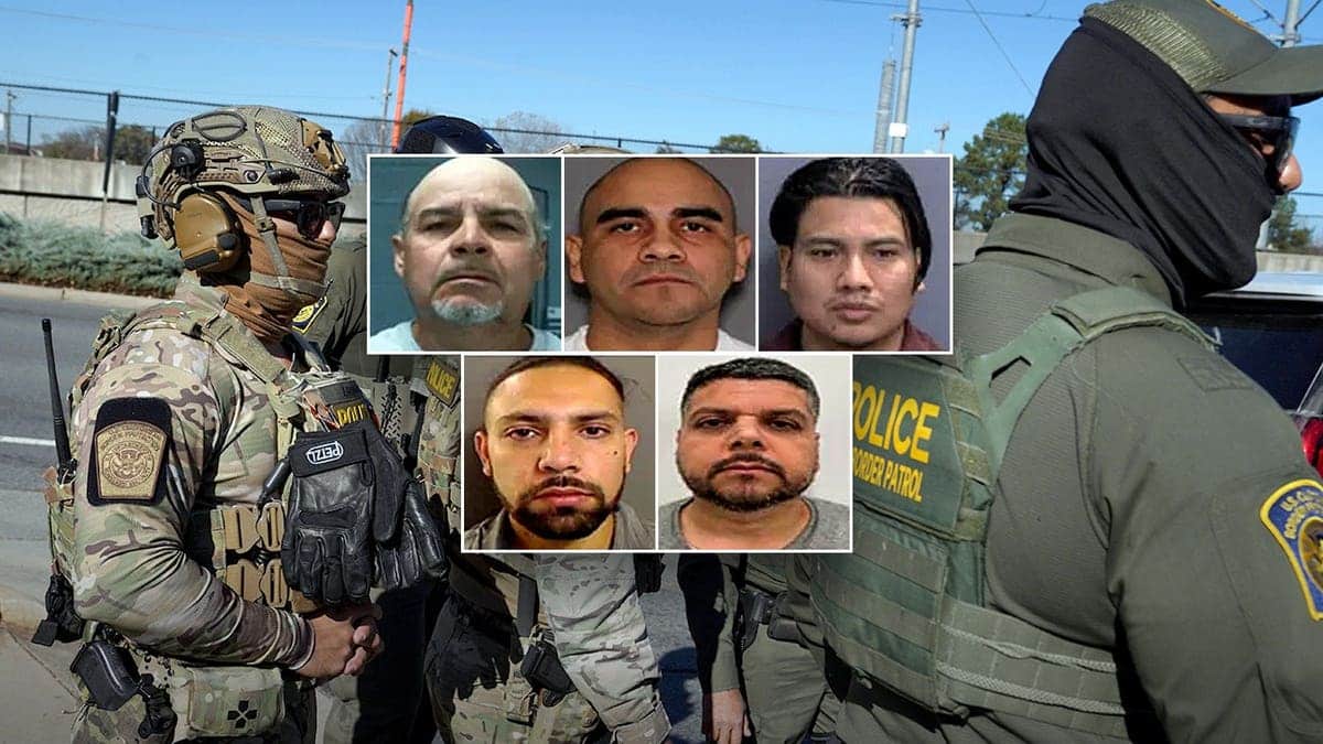Law enforcement officers in tactical gear stand during an operation, with inset mugshots of several men identified as individuals arrested by ICE.