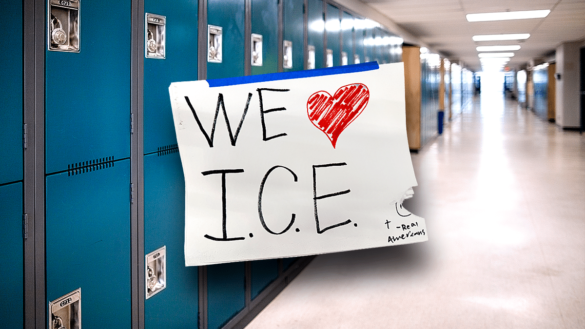 School hallway with lockers and a sign that reads, We heart ICE
