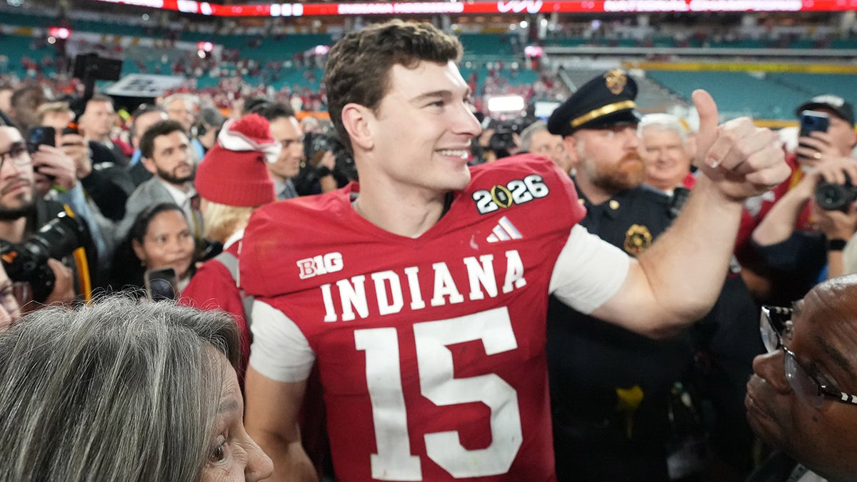 Indiana Hoosiers quarterback Fernando Mendoza gestures on the field at Hard Rock Stadium