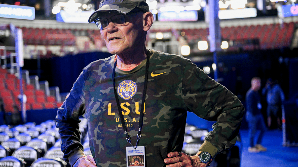 Political commentator James Carville standing at the United Center in Chicago