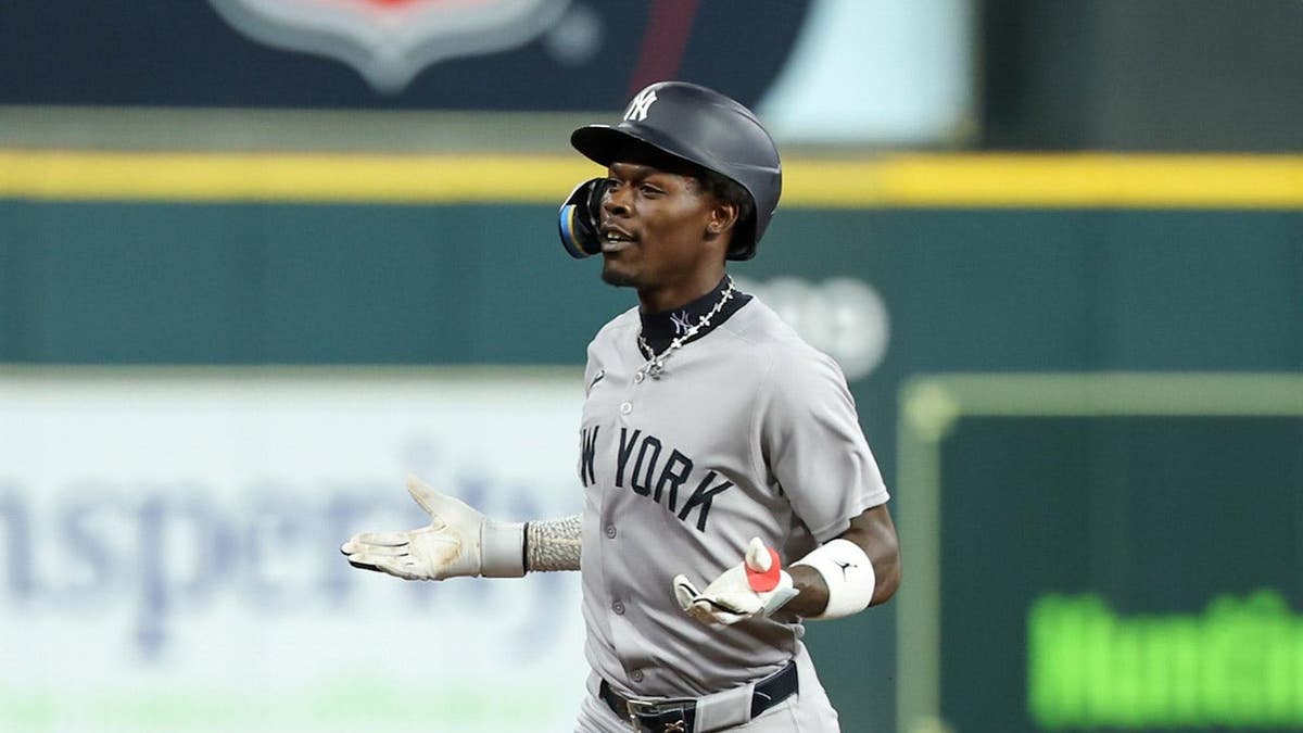 Jazz Chisholm Jr. rounding bases after hitting a home run at Daikin Park