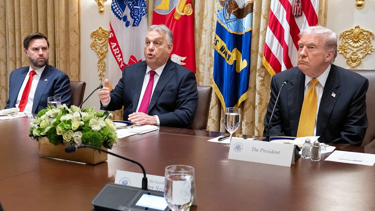 Hungarian Prime Minister Viktor Orban flanked by U.S. Vice President JD Vance and President Donald Trump