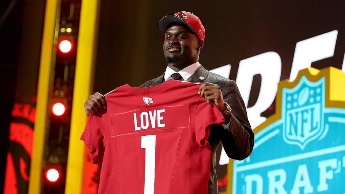 Jeremiyah Love celebrating after being selected by the Arizona Cardinals at the NFL Draft.