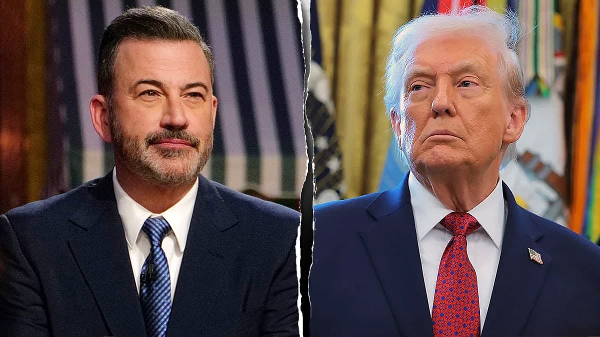Jimmy Kimmel speaking on stage and President Donald Trump smiling in separate frames