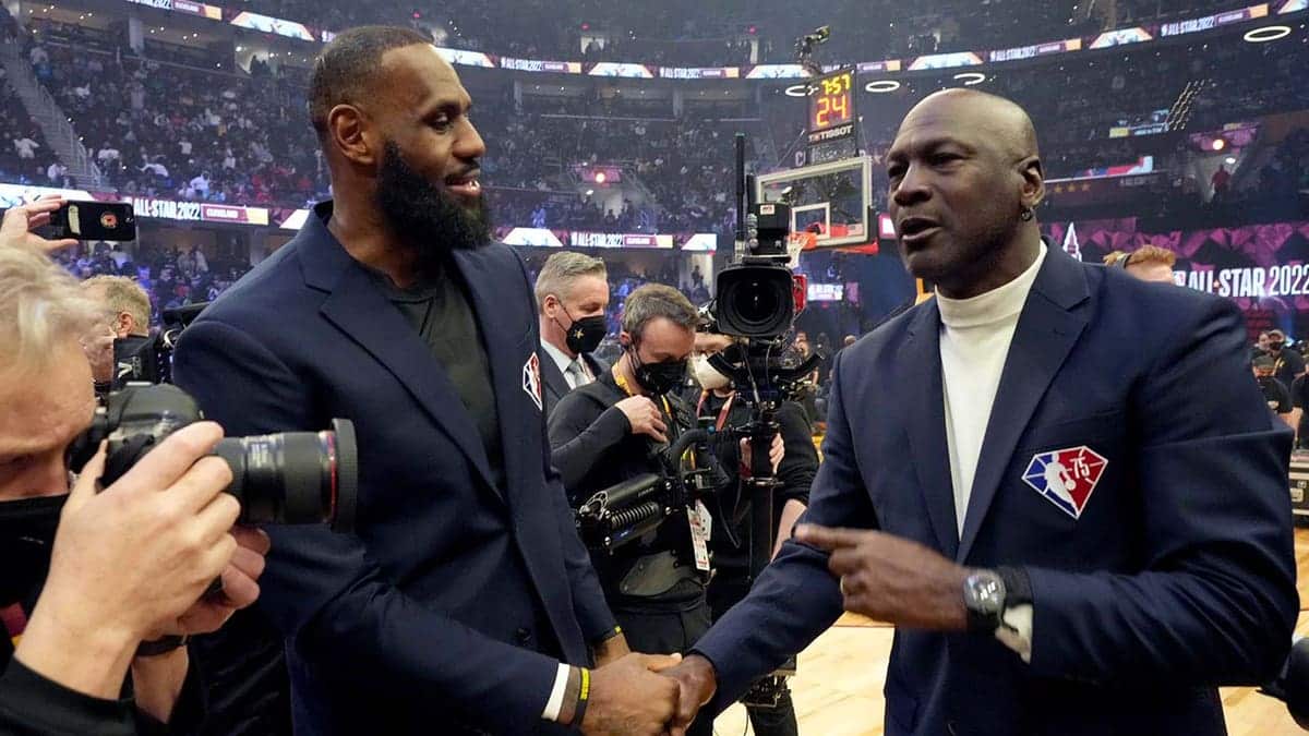 LeBron James and Michael Jordan standing together at the 2022 NBA All-Star Game in Cleveland