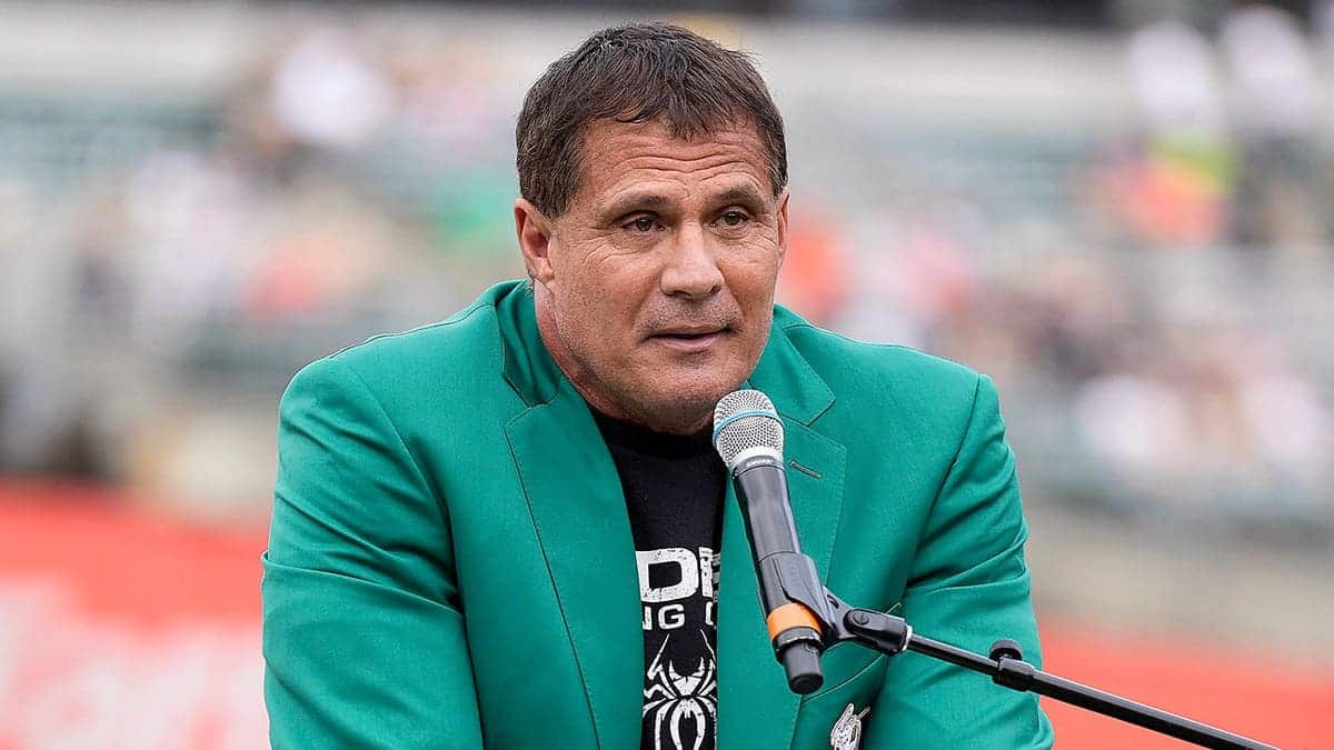 Former Oakland Athletics Jose Canseco speaking to fans at Oakland Coliseum