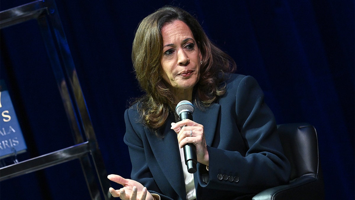 Former Vice President Kamala Harris speaking onstage at Tabernacle in Atlanta, Georgia