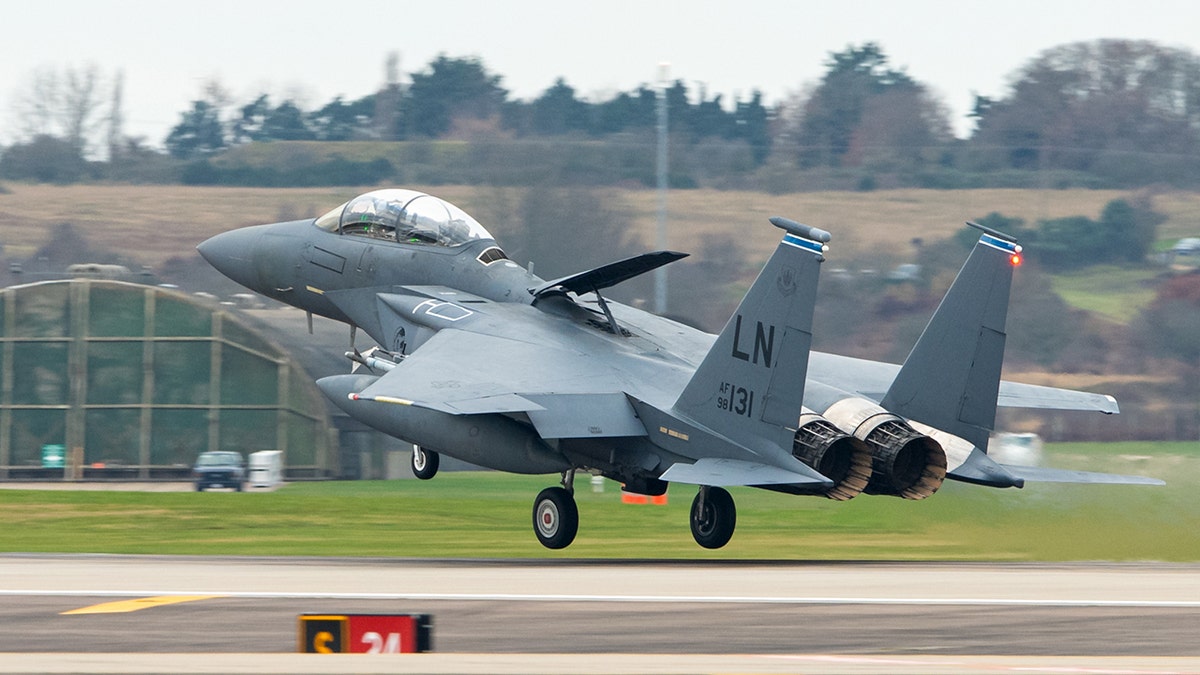 U.S. Air Force McDonnell Douglas F-15E Strike Eagle applying air-brake at RAF Lakenheath