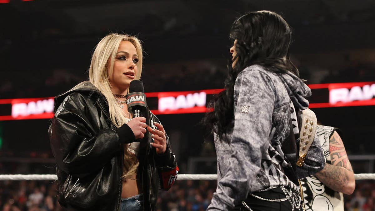 Liv Morgan addressing Stephanie Vaquer in a wrestling ring at State Farm Arena