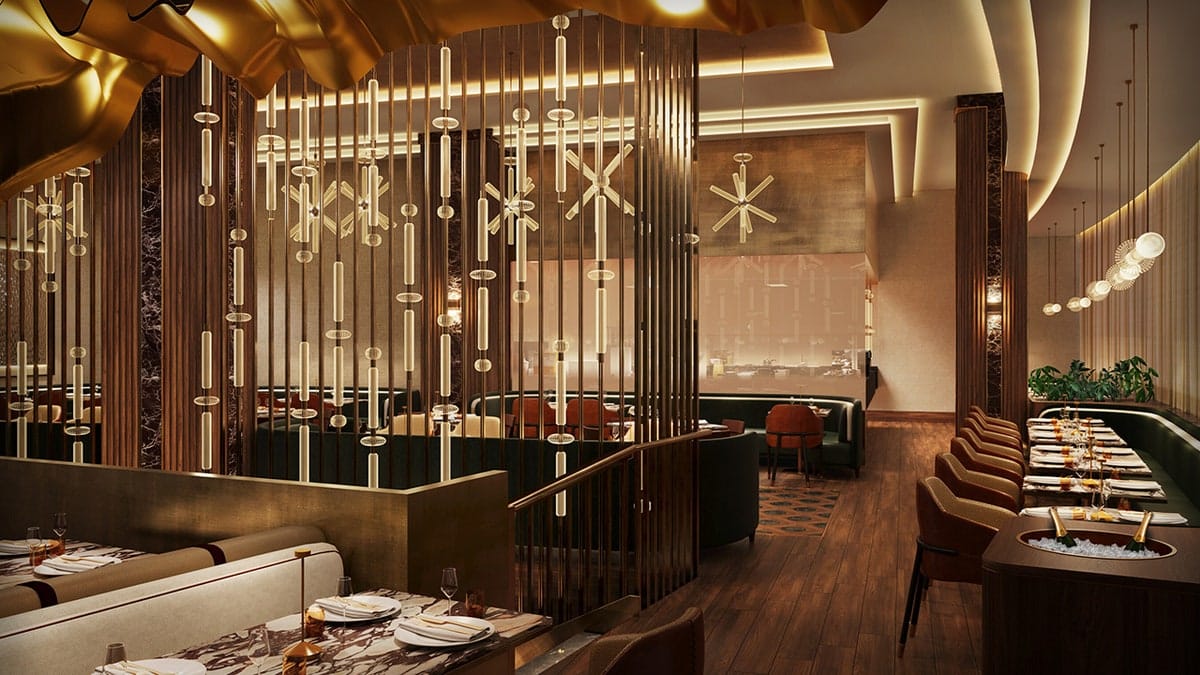 Dining room of Kelce and Mahomes steakhouse 1587 Prime in Kansas City, Missouri.