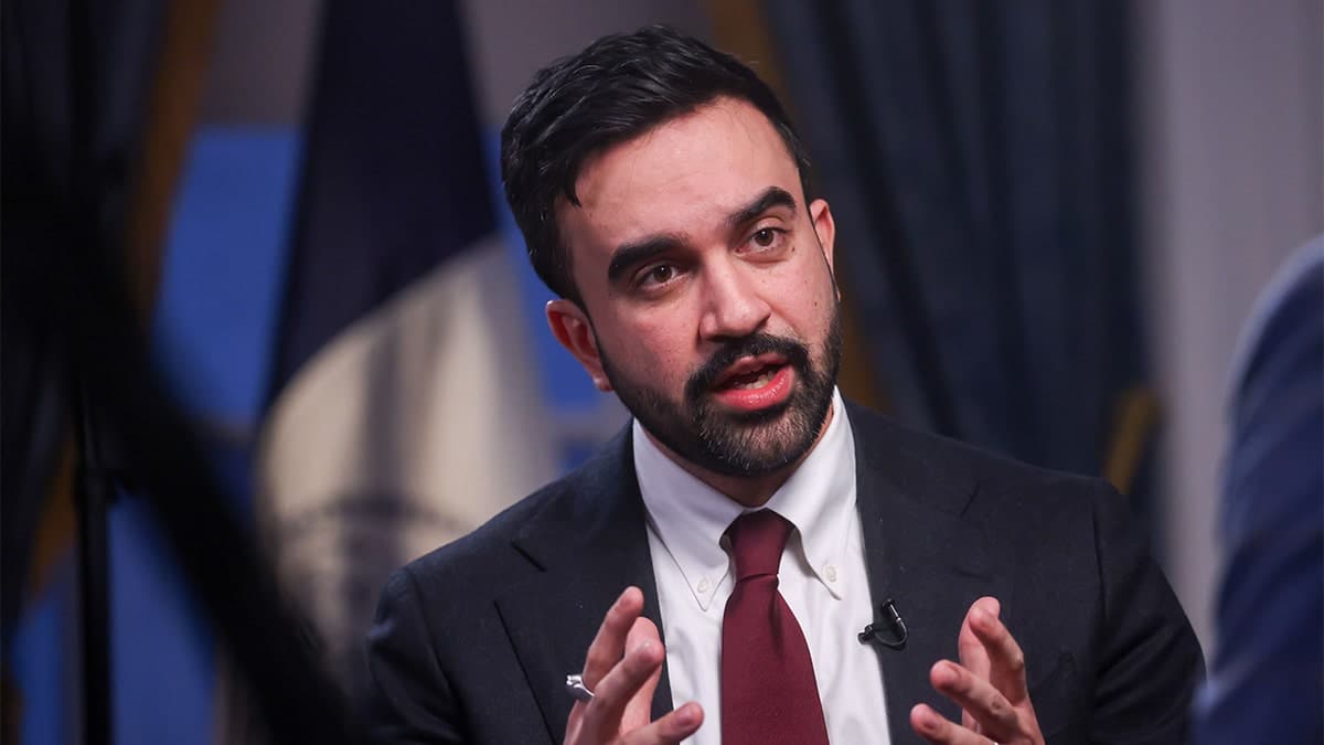 Zohran Mamdani speaking during a Bloomberg Television interview at City Hall in New York