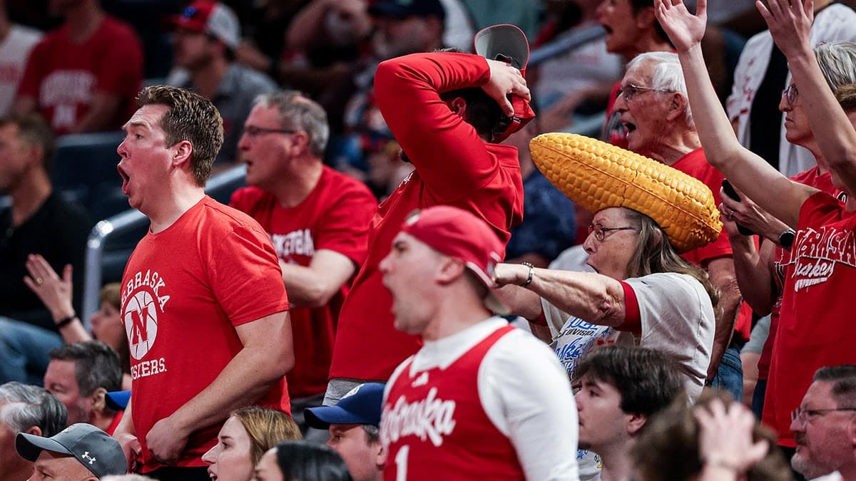 Nebraska Cornhuskers fans reacting during NCAA men's basketball tournament game