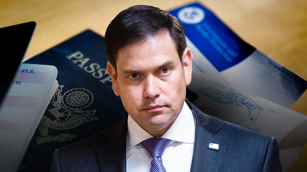Sen. Marco Rubio holding U.S. passports in front of a blue background