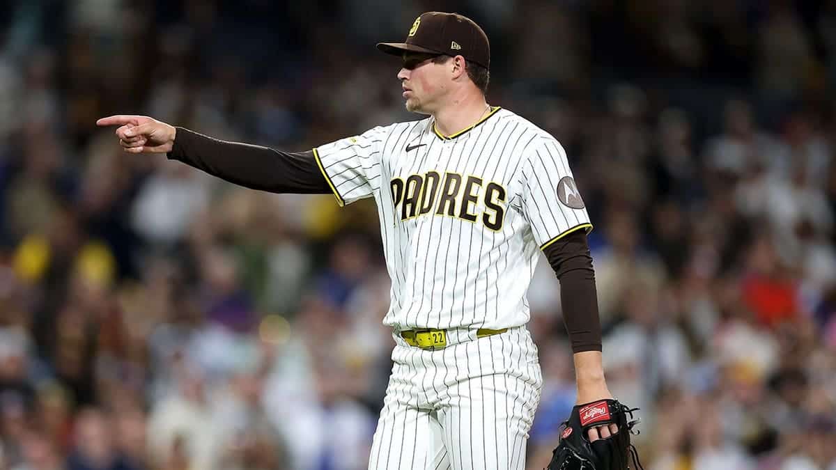Mason Miller of the San Diego Padres reacts after striking out Alex Bregman of the Chicago Cubs at Petco Park