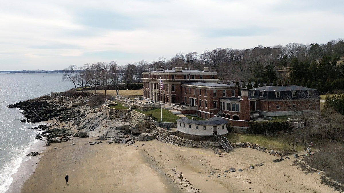 34 Paine Avenue waterfront mansion captured from an aerial perspective.