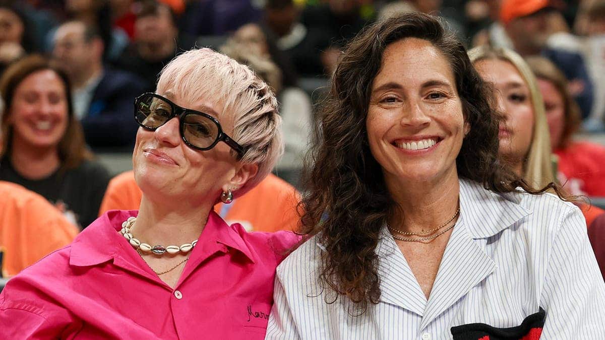 Megan Rapinoe and Sue Bird posing together at Gainbridge Fieldhouse