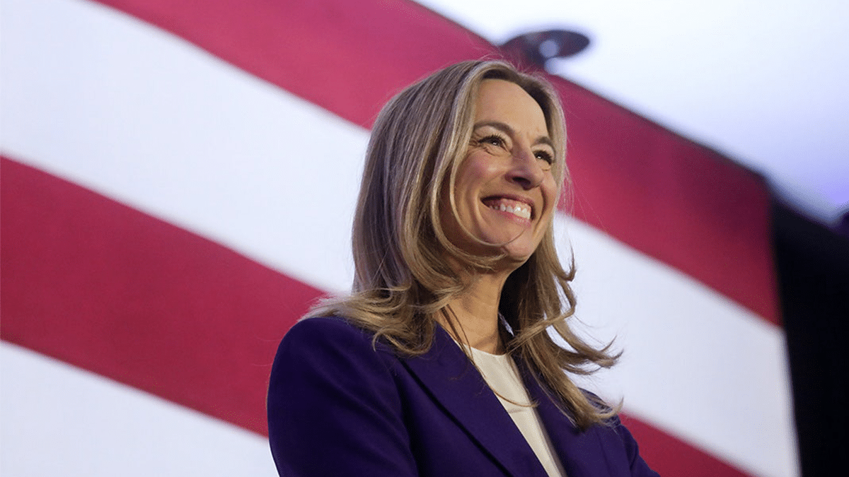 Rep. Mikie Sherrill speaking at an election night event in East Brunswick, New Jersey