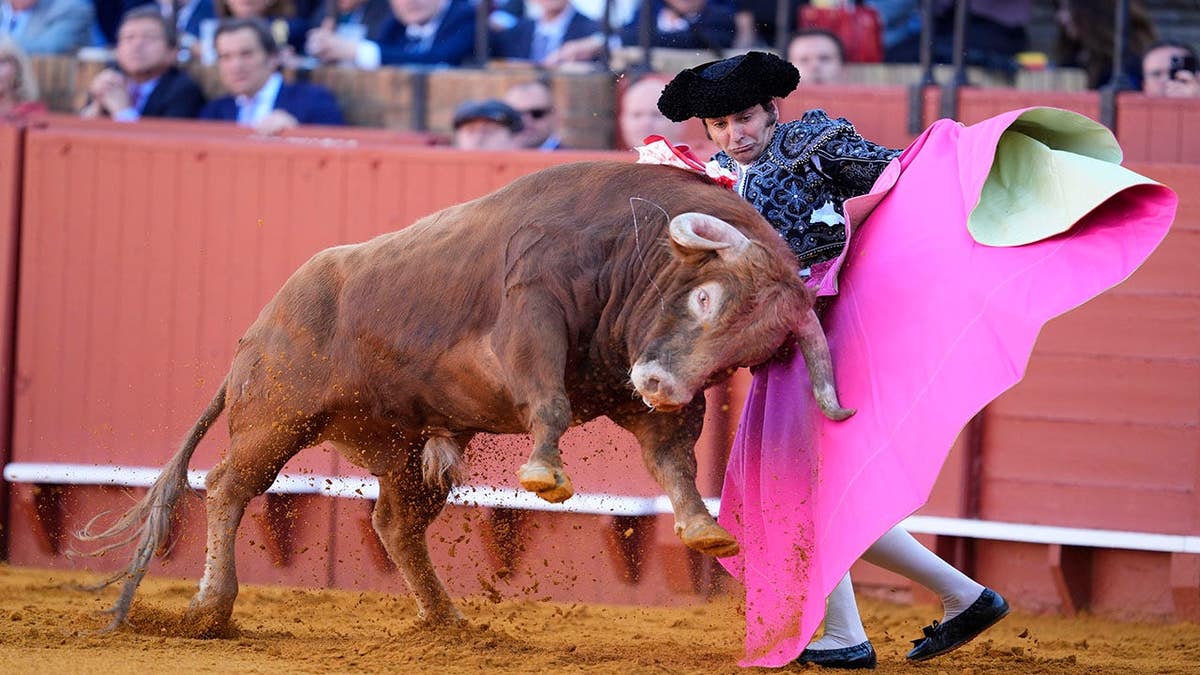 Bullfighters Jose Antonio Morante de la Puebla, Roca Rey, and David de Miranda standing in a bullring in Seville