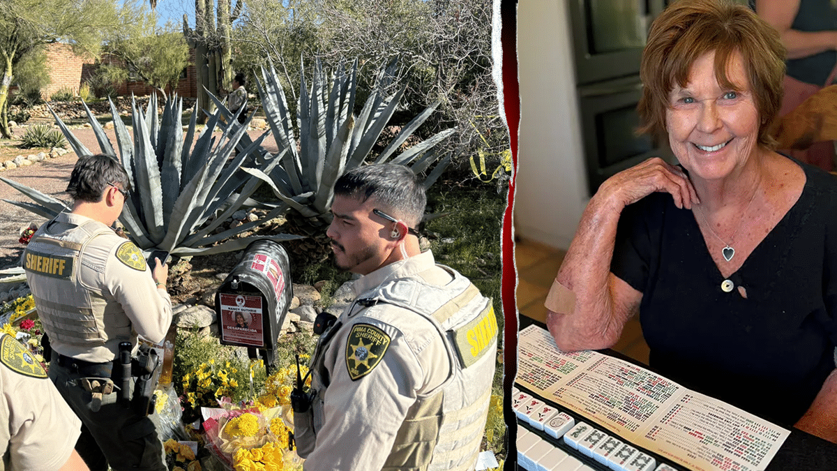 Nancy Guthrie portrait and Pima County deputies investigating outside her Tucson home