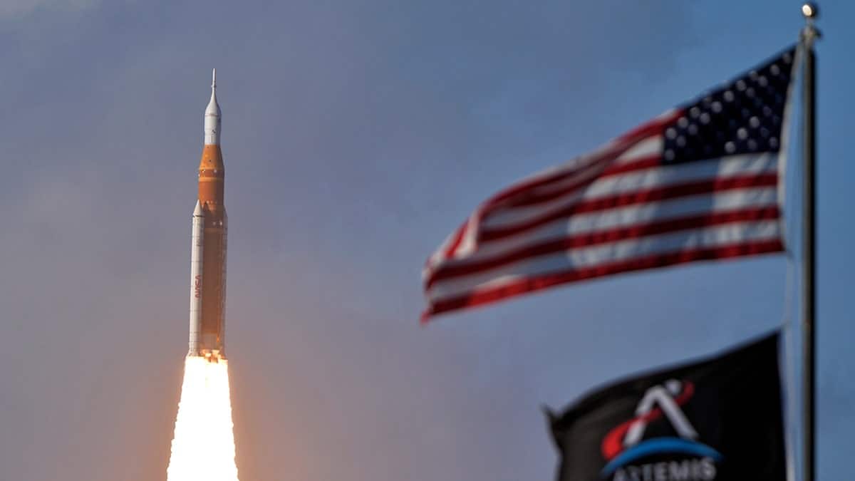 NASA's Artemis II moon rocket lifting off from Launch Pad 39-B at Kennedy Space Center