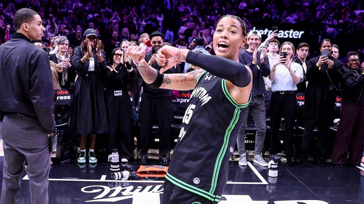 Natasha Cloud celebrating after a basketball game at Barclay's Center