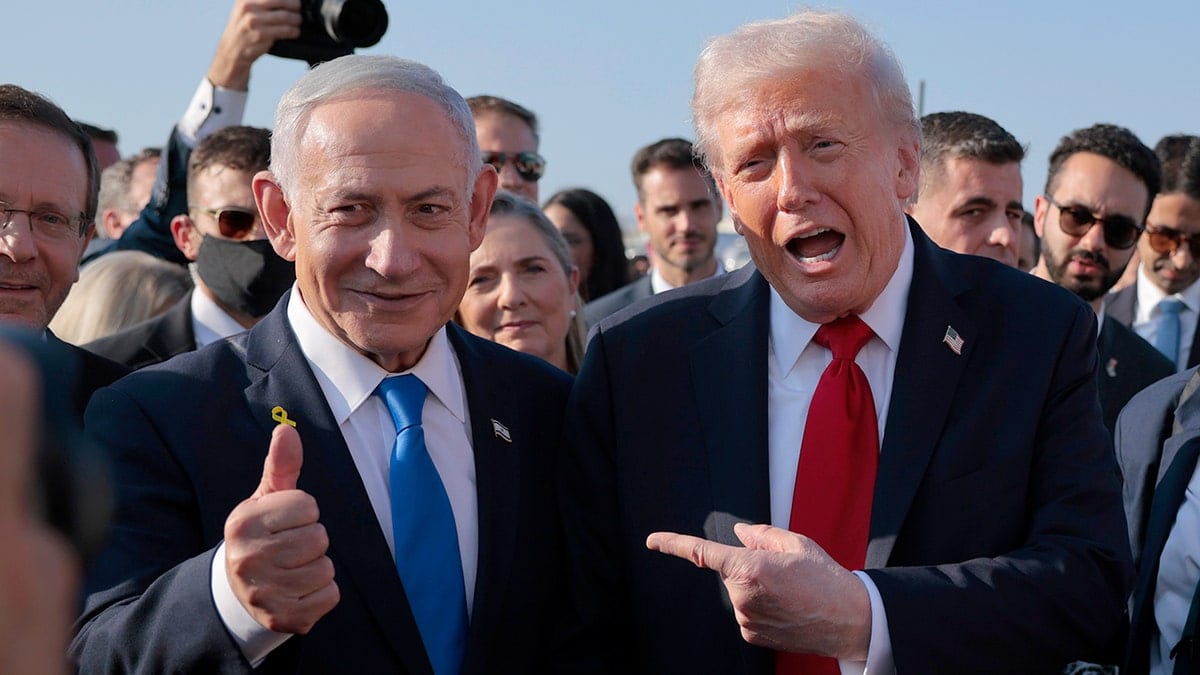 President Donald Trump speaking to Israeli Prime Minister Benjamin Netanyahu at Ben Gurion International Airport