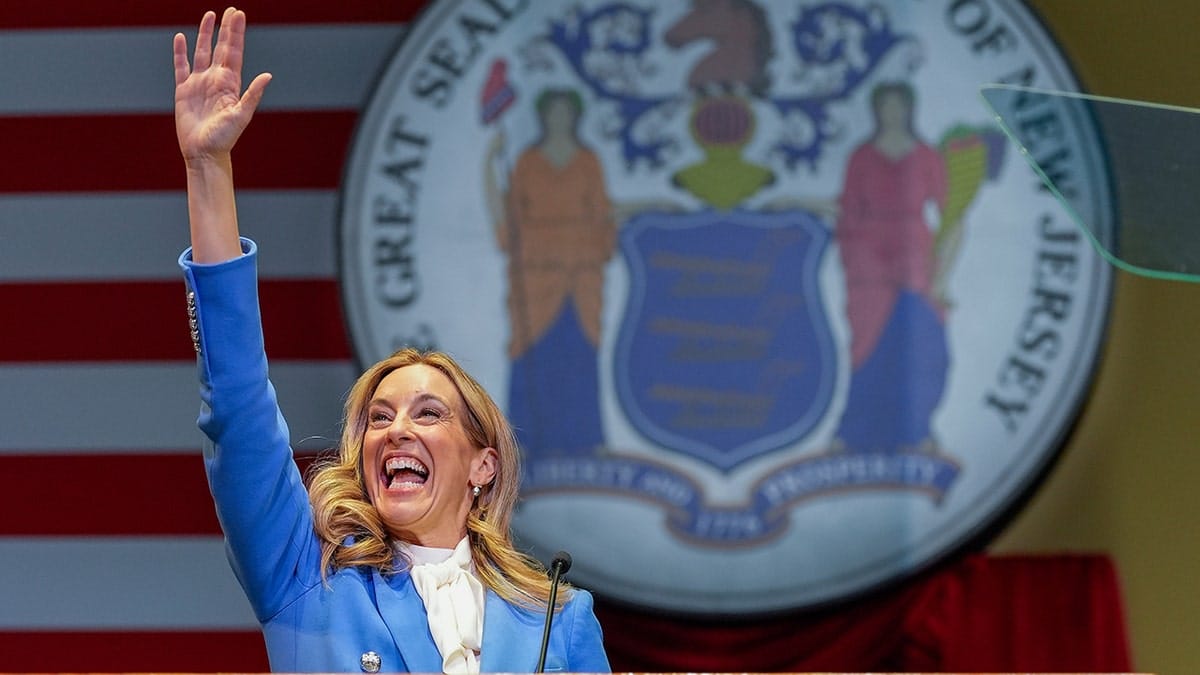 New Jersey Gov. Mikie Sherrill standing at a podium after taking oath of office