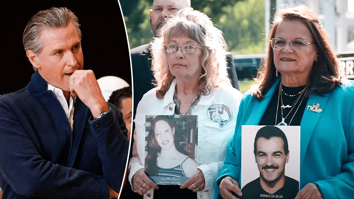 Gavin Newsom beside Angel parents with pictures of their loved ones